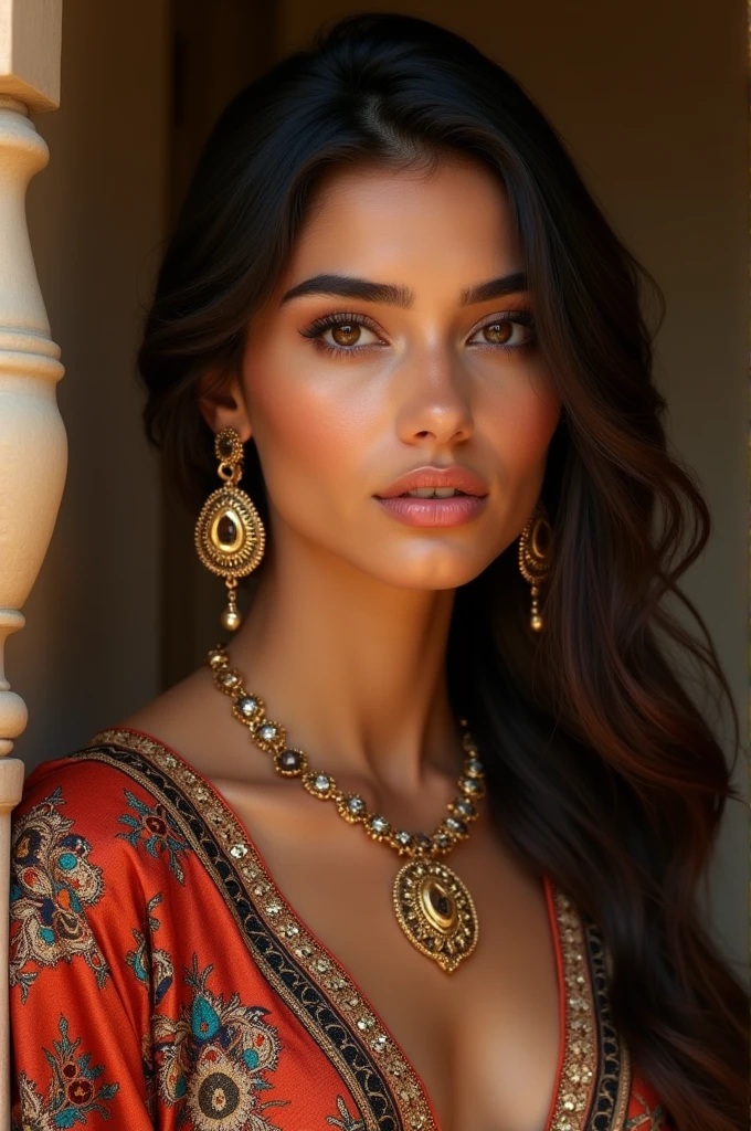 A beautiful Moroccan girl, dark brown eyes, 26 years old, almond shaped eyes, oval face shape, wavy hair, 170cm, 65kg, highly detailed face, detailed skin texture, elegant poses, colorful Moroccan dress, gold jewelry, natural lighting, dramatic shadows, warm color palette, portrait, realistic, photorealistic, 8k, masterpiece