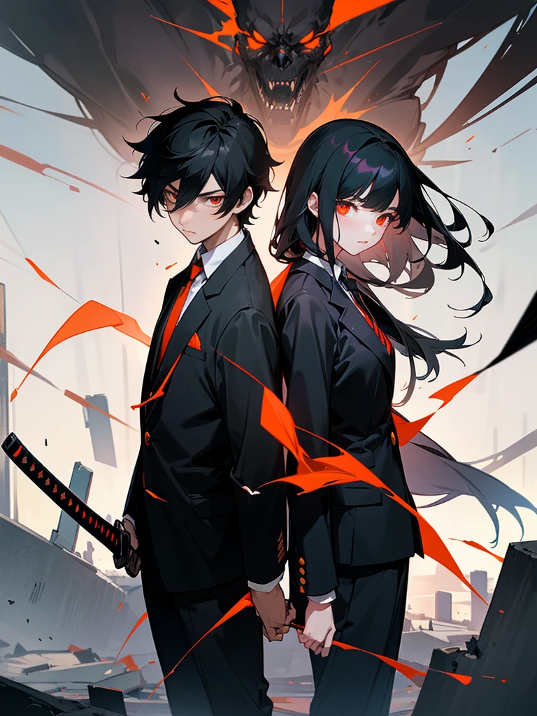 Girl with long black hair, mature face staring her vanta black katana and and use outfit like gojo satoru. Boy between her with short black haired down and staring his black gun wearing ordinary school uniforms with black blazer and red tie. They eye is demons orange eye. They standing side by side on a destroyed city with only have black and grey and black.