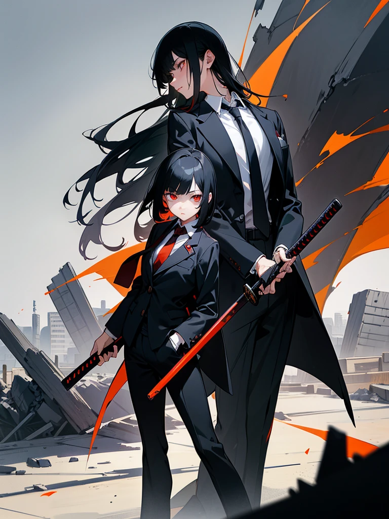 Girl with long black hair, mature face staring her vanta black katana and and use outfit like gojo satoru. Boy between her with short black haired down and staring his black gun wearing ordinary school uniforms with black blazer and red tie. They eye is demons orange eye. They standing side by side on a destroyed city with only have black and grey and black.