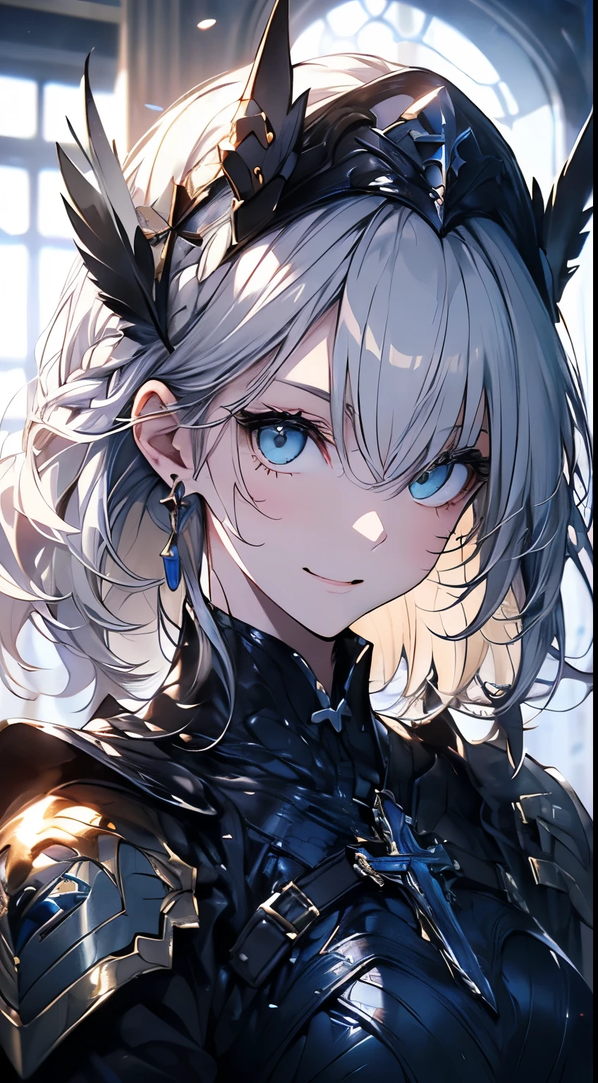 (Official Art、Highest quality、Unity 8k wallpaper、32K、masterpiece、Ultra-detailed、Ultra-high resolution、Realistic、Photorealistic、So ridiculous:1.2)、(Cinema Lighting:1.2)、Fire Glow Effect、Film Grain、Best Shadow、Rim Light、Side light、(Highly detailed and intricate 3D rendering)、細部までBeautiful Faceと目、Sharp pupils、Realistic生徒、Slender、１men and women、Medium Bust、(whole body:1.2)、 Beautiful Face、Beautiful 16 year old girl、(Highly detailed skin、Detailed skin texture:1.3)、(Silver Blonde、Blue-silver hair:1.3)、Paladin、Long Hair、Blunt bangs、Green Eyes、3 braids per bundle、(Blue Armor、Blue Boots、Blue Helmet、gem、Gold embroidery)、Slender、Maxi Skirt、(Thighs Thighs Thighs Thighs:0.8)、(cheese、in house、Artistic stained glass、Large Pipe Organ、cross、Hello Point、Mysterious、Many feathers floating、Angelic、Particles of light、Solemn、Nikko is、colorful、Fantasy:1.2)、(Fantasy:1.3)、(With the holy sword in hand:1.4)、(avert your eyes、Looking into the distance:1.3)、Fantasy、Laughing with your mouth open,sexy,sexyな鎧