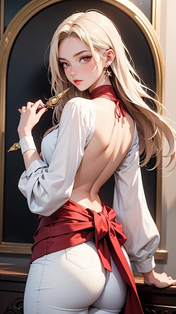 Detailed illustration in anime style. A young woman with long, flowing platinum blonde hair. An intense, seductive expression with piercing red eyes. A slight blush on her cheeks. She is wearing an elegant, form-fitting white outfit decorated with an intricate golden Art Nouveau pattern. The outfit includes a long-sleeved, backless top and high-waisted pants. In her right hand she holds a red dagger, near her waist. Her left hand is relaxed at her side. Her body is posed sideways, looking over her shoulder. With a lustrous butt, her posture is confident and poised. Large red earrings that match her eyes. Overall, the look is fierce and elegant, with a strong emphasis on the intricate details and glittering elements of the garment.Anatomically correct,