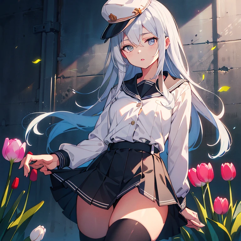 verniy, grey hair, hat, school uniform, white serafuku, long sleeves, skirt, black thighhighs,
(masterpiece:1.4),(best quality:1.4), (amazing), (great illustration:1.4), (ultra-detailed:1.4), (art CG, 8K),1 woman,solo,
(Tulip:1.2),

