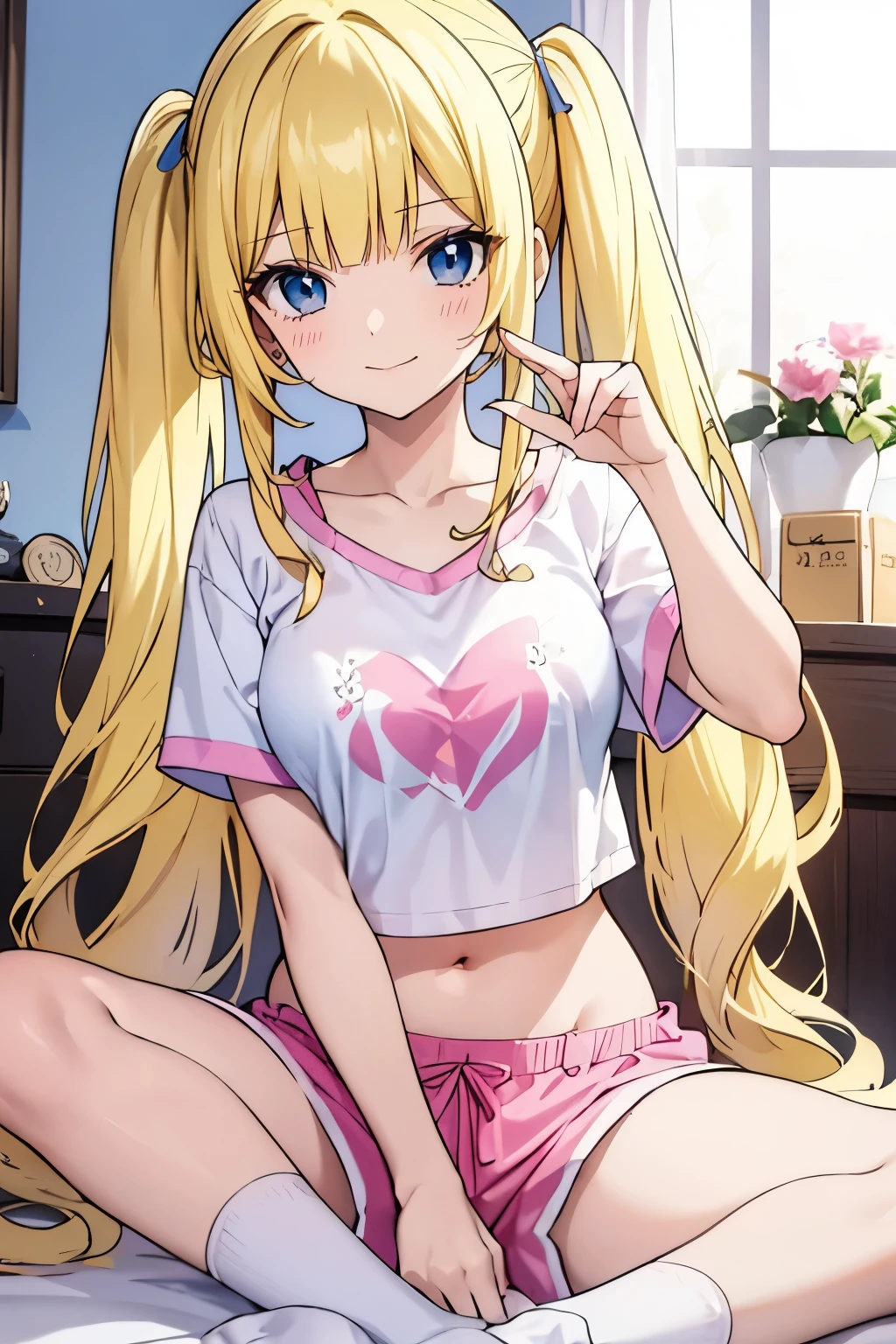 masterpiece, solo girl, (young female body:1.4), (small breasts), cowboy shot, flustered, yellow golden hair, extra gold long hair, thick wavy hair, hime cut, blunt bangs, crystal blue eyes, light blue detailed eyes, bedroom background, pink pyjamas, socks, pink pyjama pants, short sleeping shorts, white tank top, short oversized blue top, white crop top, short sleeves, wavy curlyvoluminous twintails, huge twin tails, voluminous curly hair, butterfly sitting, crossed legs