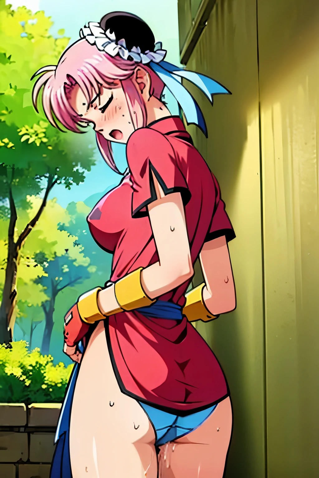 ((masterpiece)),((best quality)),(ultra-detailed),(illustration),(anextremely delicate and beautiful),wallpaper,ultra highres,4K,photography,shiny skin,BREAK,martialMaam, hair bun, short hair, wearing china dress, short sleeves, sash, fingerless gloves,blue panties,BREAK,1girl,solo,blush embarrassed,in heat,sweat,breath,closed eyes,cameltoe,pussy juice stain,sexual fluids,female masturbation,standing,open stance,grab on breast, (hand on between legs:1.2),BREAK,(leaning forward),from behind,cowboy shot,look down,look side,looking at viewer,in the forest