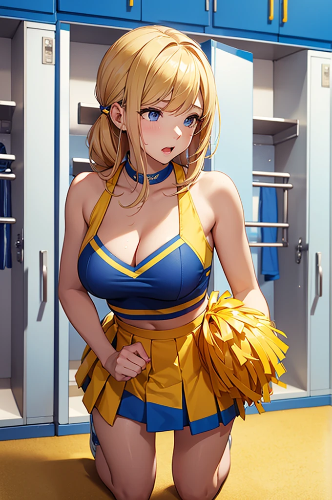 A cheerleader in a blue and yellow outfit crawls on all fours in the locker room, fingering herself and drooling。Almost naked。mini skirt。Big cleavage。Looking up