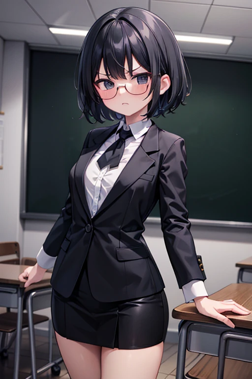 AGENT,black men's suits,black sunglass,masterpiece,extremely detailed,highres,8k,(small breasts),cute,kawaii,1girl,black hair,10yo,short hair,standing,black eyes,in classroom background,BREAK 腕を組む,angry face