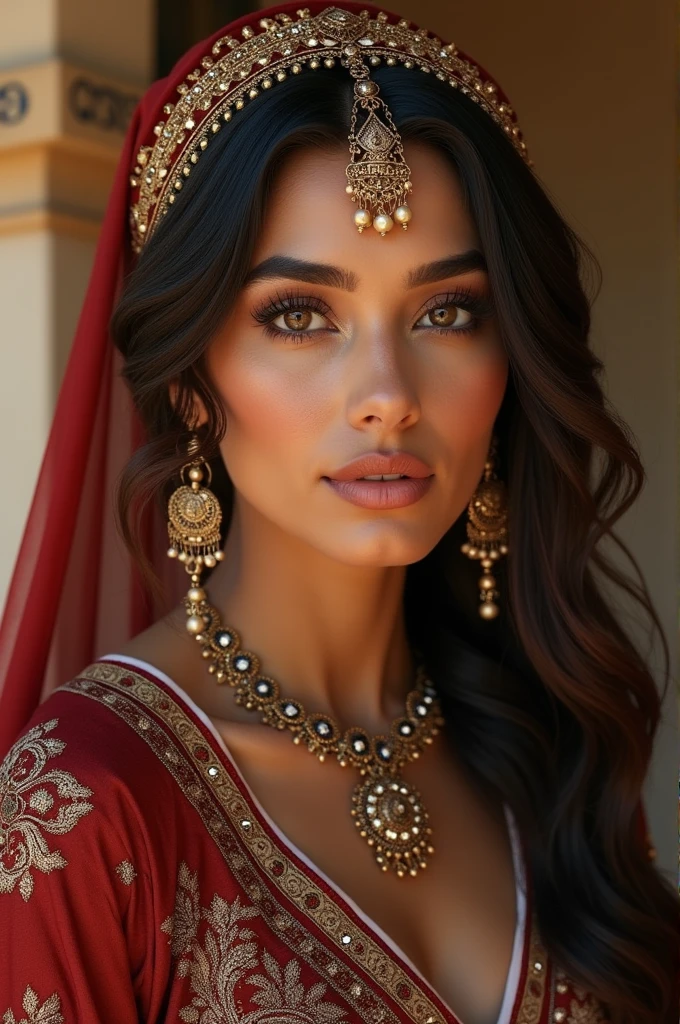beautiful Moroccan girl, dark brown detailed eyes, 26 years old, almond shaped detailed eyes, oval face shape, wavy hair, 170cm, 65kg, highly detailed realistic face, detailed skin texture, detailed facial features, detailed portrait, intricate makeup, exquisite jewelry, ornate headpiece, traditional Moroccan clothing, natural lighting, warm color tones, cinematic composition, masterpiece, ultra-detailed, (best quality,4k,8k,highres,masterpiece:1.2),ultra-detailed,(realistic,photorealistic,photo-realistic:1.37)