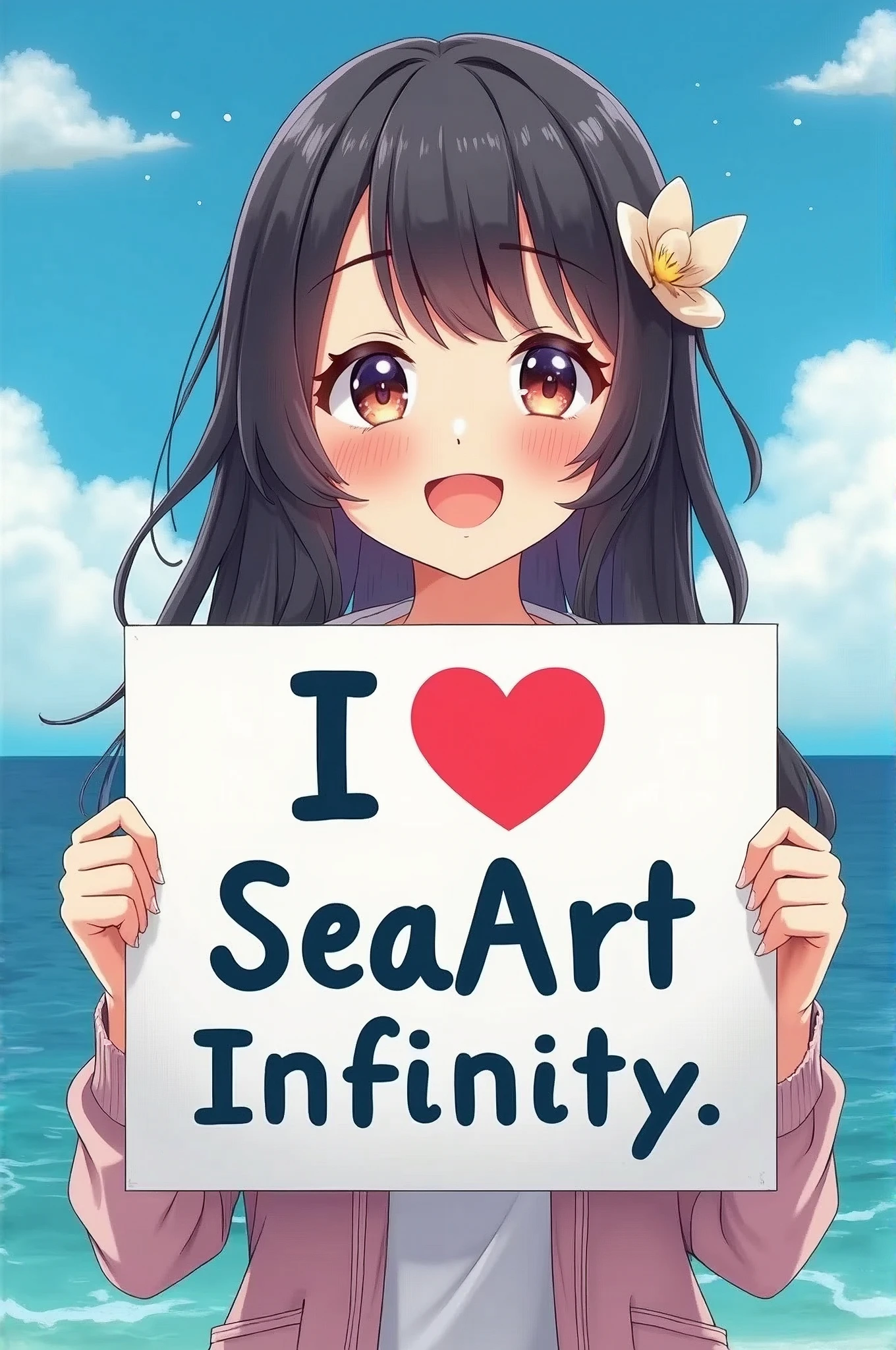 a beautiful and cute woman holding up a sign "I Love SeaArt Infinity", joyful, happy, anime illustration, photorealistic, oil painting
