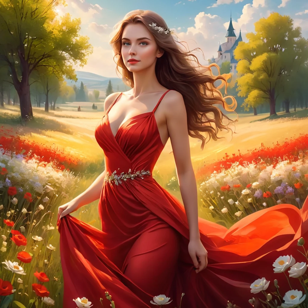 full length, Beautiful legs,blonde, Beautiful face, red and light white tones, Esbian Full Body, White background, daylight, Efeito de Luz, minimalist, Solar, pure tenderness, soft lighting, Realism. beautiful woman, which (collarbone, shoulders) posing with his back (prays and stands) on a super-giant lotus with double and long petals (petals made of thin, soft gauze cloth, full background of many flowing red petals, floating flower, in her hand is a huge giant bright red poppy above her head, super flying petals, Smoke effect, fog, mixed with petals), poppy petal dress, ((ss-through)) Full-length. ReV Animated