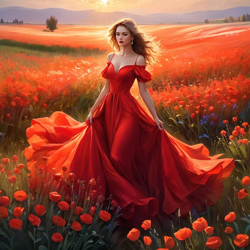 full length, Beautiful legs,blonde, Beautiful face, red and light white tones, Esbian Full Body, White background, daylight, Efeito de Luz, minimalist, Solar, pure tenderness, soft lighting, Realism. beautiful woman, which (collarbone, shoulders) posing with his back (prays and stands) on a super-giant lotus with double and long petals (petals made of thin, soft gauze cloth, full background of many flowing red petals, floating flower, in her hand is a huge giant bright red poppy above her head, super flying petals, Smoke effect, fog, mixed with petals), poppy petal dress, ((ss-through)) Full-length. ReV Animated