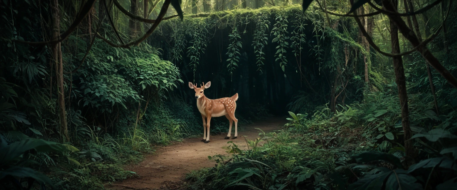 nature shot with wide shot of a dark jungle scene,face of a baby golden-deer hiding between the bushes,hunting,nightfall,dimmly lit,intense gaze,tension,perfect composition,masterpiece,best quality,Outdoors,greenery,natural light,fresh,vivid contrast,vivid color,Hyperrealistic art cinematic film still photography in the style of detailed hyperrealism photoshoot,