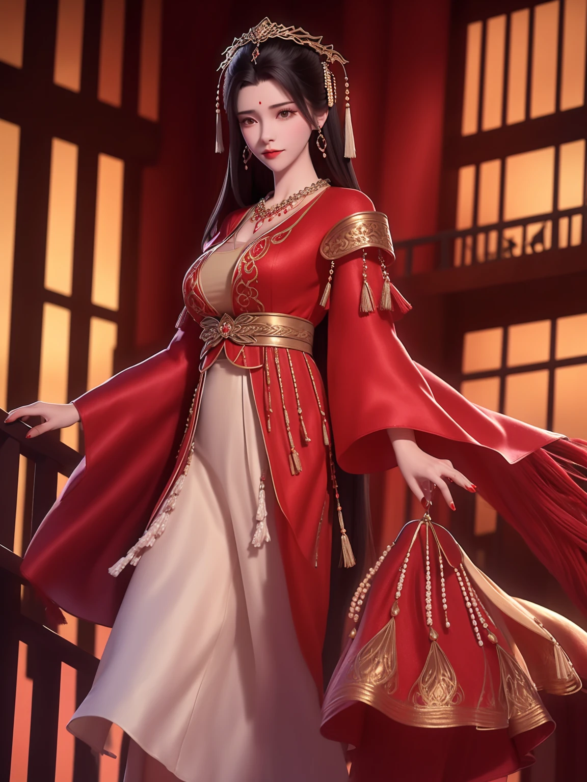 1 Girl,WMSJyuchanHFgf3,city View,night,Looking at the audience,Red long skirt,Hair accessories,Cowboy shooting,Hair Bun,pearl,tassel Hair accessories,necklace,coat,