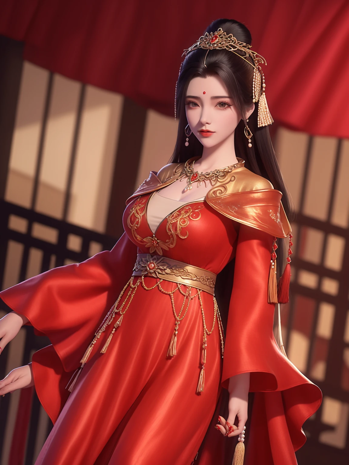 1 Girl,WMSJyuchanHFgf3,city View,night,Looking at the audience,Red long skirt,Hair accessories,Cowboy shooting,Hair Bun,pearl,tassel Hair accessories,necklace,coat,