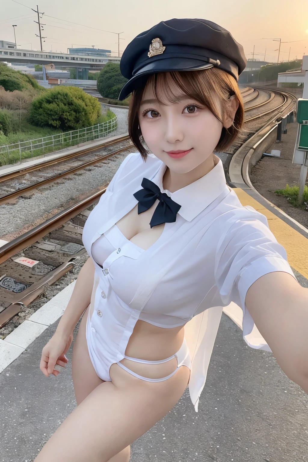 4K,8k,Masterpiece,Realistic),Super Resolution:1.3、Real、(Japanese:1.3)、 RAW Photos、(Realistic:1.7)、looking at the camera、Symmetrical face、(Beautiful face in every detail)、Good looking、Age 25、Japaneseアイドル、Beautiful eyes、Natural Makeup、Cleavage、smile、conductor、train、short hair、See-through、、Wear a white blouse、Show a little underwear、Bold behavior、Sexy Uniform、Uniform cap、Outdoor、Station platform、sunset、from above:1.5