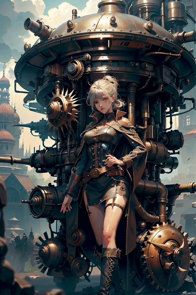 steampunk, BDSM、((Tabletop)), (最high quality), Hmph, retina, Accurate, ((Anatomically correct)), Rough skin, Very detailed, Advanced Details, high quality, Award-winning, 最high quality, High resolution, 8k, Cast a Shadow, Anaglyph, Stereogram, Atmospheric perspective, Surrealism, Written boundary depth, reflected light, Backlight, Outside the border, Move the chart, Outside the frame, Dutch Angle, Dutch Angle, Cowboy Shot, 8k, Very detailed, Accurate, One Girl, Shiny silver bangs, , Long eyelashes, Solid Circle Eye, ((Very shiny skin)), (Juicy skin), Very shiny clothes,Leather lace-up boots、 Outside the house, Complex mechanical devices, Machine Wall, Gigantic Cogwheel, Countless gears, There are a lot of pipes, Steam Plume, Spark of Light, Many instruments,Action pose, place your left hand on your hip、please raise your right arm, Spread your arms out to the sides, Spread your legs,