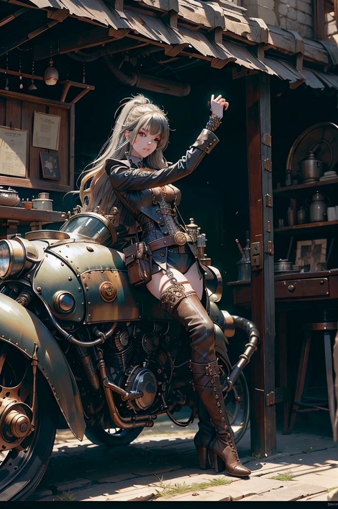 steampunk, BDSM、((Tabletop)), (最high quality), Hmph, retina, Accurate, ((Anatomically correct)), Rough skin, Very detailed, Advanced Details, high quality, Award-winning, 最high quality, High resolution, 8k, Cast a Shadow, Anaglyph, Stereogram, Atmospheric perspective, Surrealism, Written boundary depth, reflected light, Backlight, Outside the border, Move the chart, Outside the frame, Dutch Angle, Dutch Angle, Cowboy Shot, 8k, Very detailed, Accurate, One Girl, Shiny silver bangs, , Long eyelashes, Solid Circle Eye, ((Very shiny skin)), (Juicy skin), Very shiny clothes,Leather lace-up boots、 Outside the house, Complex mechanical devices, Machine Wall, Gigantic Cogwheel, Countless gears, There are a lot of pipes, Steam Plume, Spark of Light, Many instruments,Action pose, place your left hand on your hip、please raise your right arm, Spread your arms out to the sides, Spread your legs,