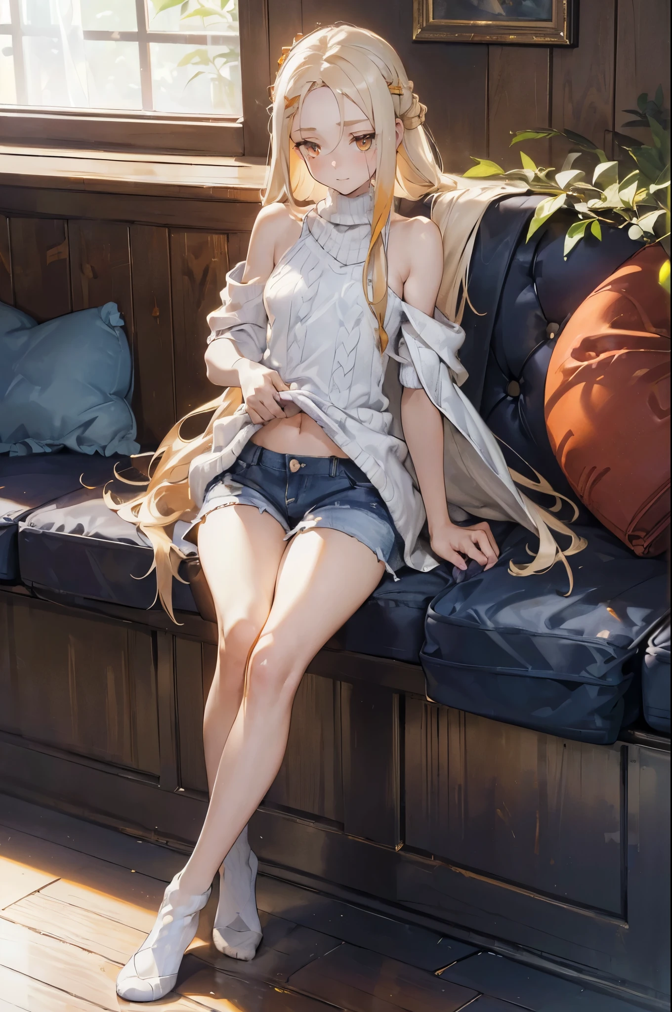 masterpiece, ultra detailed, 8k portrait, RAW photo, portrait photography, Highly detailed face, beautiful and meticulous eyes, (amber color eyes:1.5), s old, smile, standing in the theme park, (white thin camisole:1.5) and (LowriseXL blue shorts:1.5), (navel:1.2), (put on knee length long white knit thin coat:1.5), cute girl, long hair, (white blond shoulder length hair:1.5), show forehead, one side parted hair, hairpin, (sleepy face:1.2), young girl, 1girl, cute girl, pretty girl, portrait of cute girl, 159cm, 41kg, slim:1.5, flat chest:1.5,
