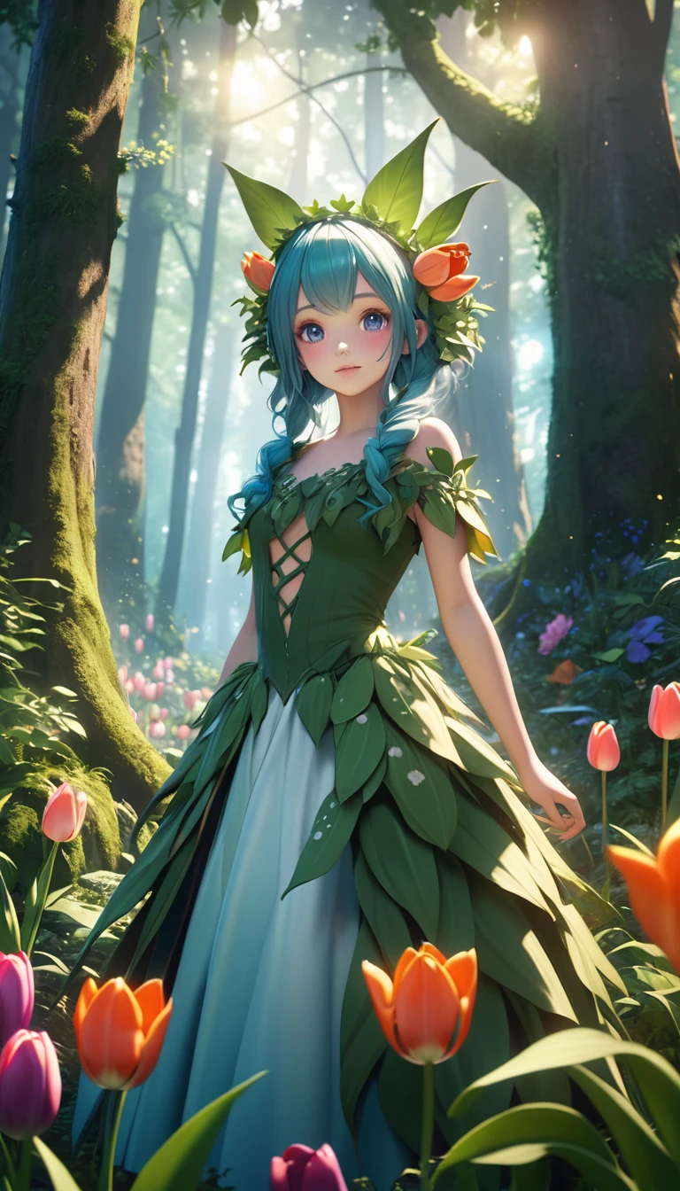 a fantasy forest nymph wearing a tulip dress, detailed face and eyes, detailed forest outfit, detailed forest background, 4k, ultra-detailed, photorealistic, cinematic lighting, vibrant colors, lush foliage, magical atmosphere