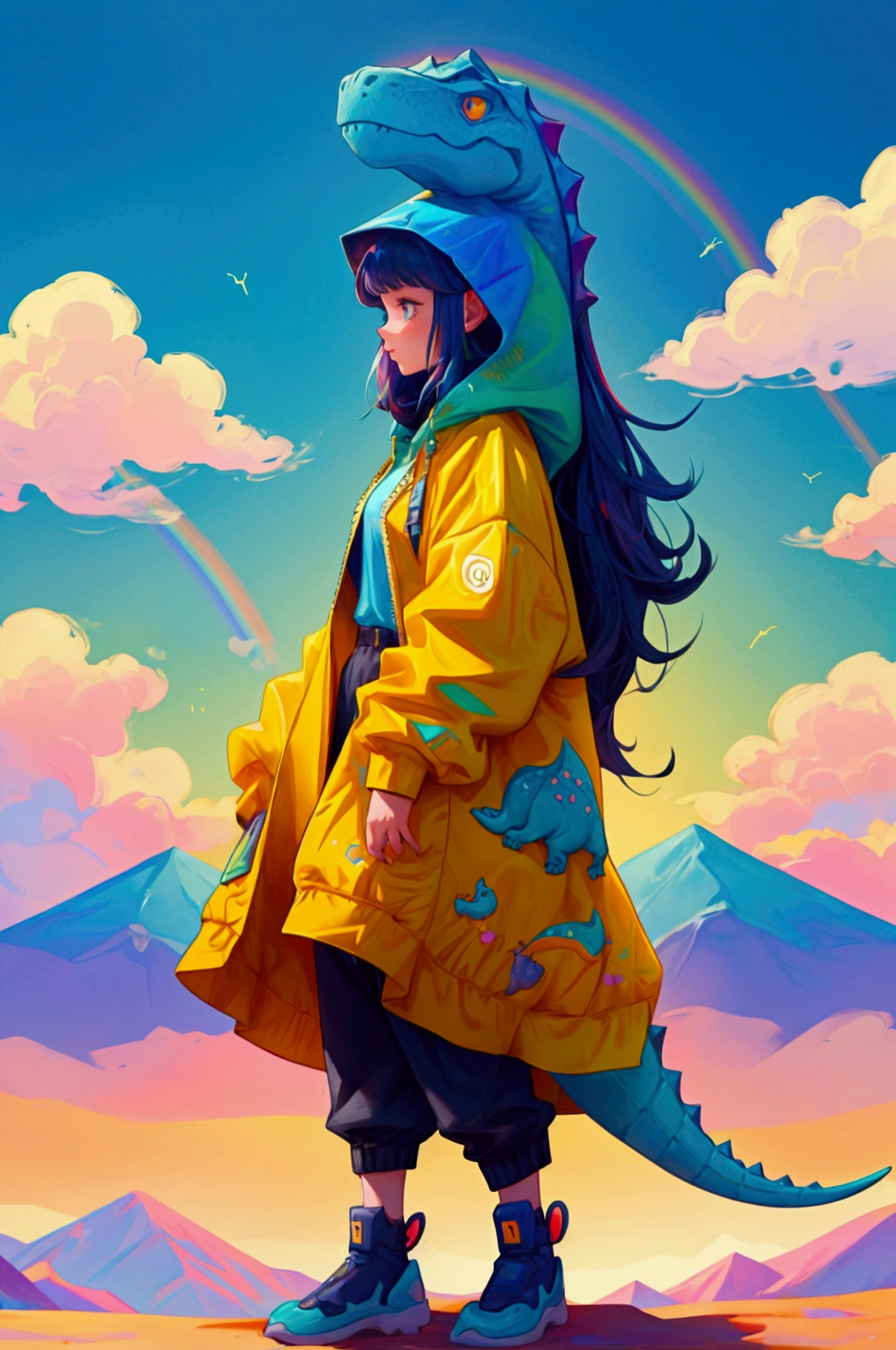 A beautiful and cute girl standing in a cartoonish desert landscape with a rainbow in the background. The background should include mountains, various cryptocurrency symbols (Bitcoin, Ethereum, etc.), and the text 'OG Crypto Dinosaur' replaced with a fitting text for the girl. The girl should have a colorful, crypto-themed outfit and hairstyle, maintaining the whimsical and playful style of the original dinosaur. Incorporate elements like flowers and vibrant colors to enhance the cheerful and imaginative atmosphere."