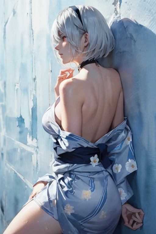 {erotic face,anguish,(patience:1.1),(very ecstasy:1.2),(writhing:1.4),embarrassing,half open eye},{(blue glowing eyes:1.4),(sensual look:1.4)},BREAK,{(obscene pose:1.2),(arched back:1.2),(arch one's head:1.4)},BREAK,{(realistic photo graphic style:1.4),(watercolor image:1.4),sketch,overall light color},{(simple configuration:1.1),(look away:1.2)},{(simple light_blue background:1.4),(Variegated_ivy crawl on the wall:1.4),(cast a shadow on the background:1.4)},BREAK,{(colorful large floral pattern on pearl_colored yukata:1.4),(disheveled yukata:1.4)},BREAK,{(clavicle:1.2),(cleavage between breasts:1),(shoulder:1.2),(thigh:1.4),(armpits:1),(sweat on the neck:1.2),Fascinating nape},BREAK,{(solo, YoRHa type of Nier Automa):1.2, (white_silver colored hair:1.4), short cut hair, (blue glowing eyes:1.4),(black colored hairband:1.2)},BREAK,{(masterpiece,best quality, 8K UHD, extremely detailed CG, detailed beautiful face and eyes and skin and hair)}