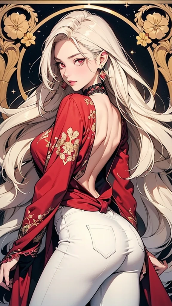 Detailed illustration in anime style. Young woman with long flowing platinum blonde hair. Intense and seductive expression with piercing red eyes. Slightly flushed cheeks. She wears an elegant, form-fitting white outfit decorated with an intricate golden Art Nouveau pattern. The outfit includes a backless, long-sleeved top and high-waisted pants. In her right hand she holds a red dagger, near her waist. Her left hand is relaxed at her side. Her body is posed sideways, looking over her shoulder. She has a glossy butt, and large red earrings. Overall, the look is fierce and elegant, with a strong emphasis on the intricate details and glittering elements of the clothing.Anatomically correct,
