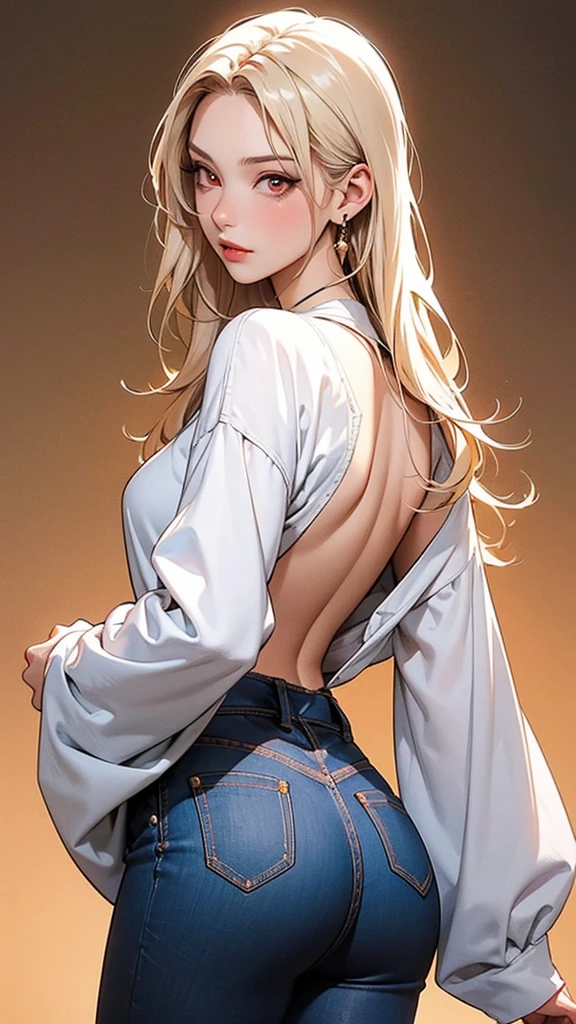 Detailed illustration in anime style. Young woman with long flowing platinum blonde hair. Intense and seductive expression with piercing red eyes. Slightly flushed cheeks. She wears an elegant, form-fitting white outfit decorated with an intricate golden Art Nouveau pattern. The outfit includes a backless, long-sleeved top and high-waisted pants. In her right hand she holds a red dagger, near her waist. Her left hand is relaxed at her side. Her body is posed sideways, looking over her shoulder. She has a glossy butt, and large red earrings. Overall, the look is fierce and elegant, with a strong emphasis on the intricate details and glittering elements of the clothing.Anatomically correct,