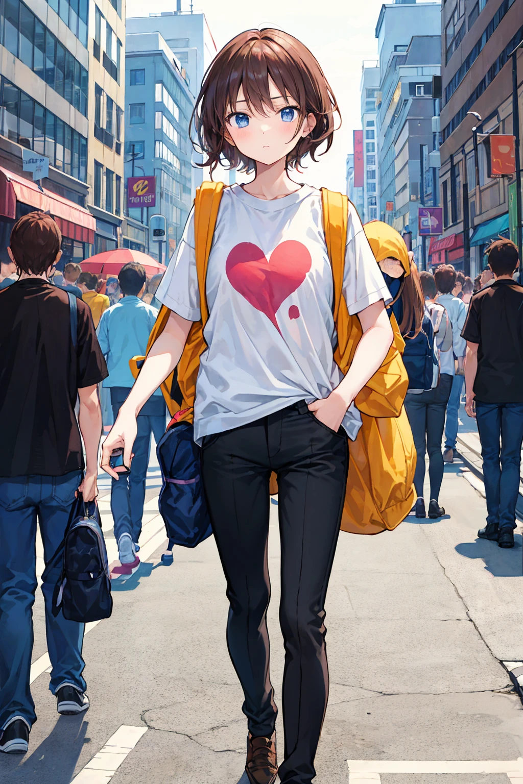 Multiple people in love々、Couple、men and women,Brown Hair,T-shirts are plain,
An anime character is carrying a backpack on a crowded street