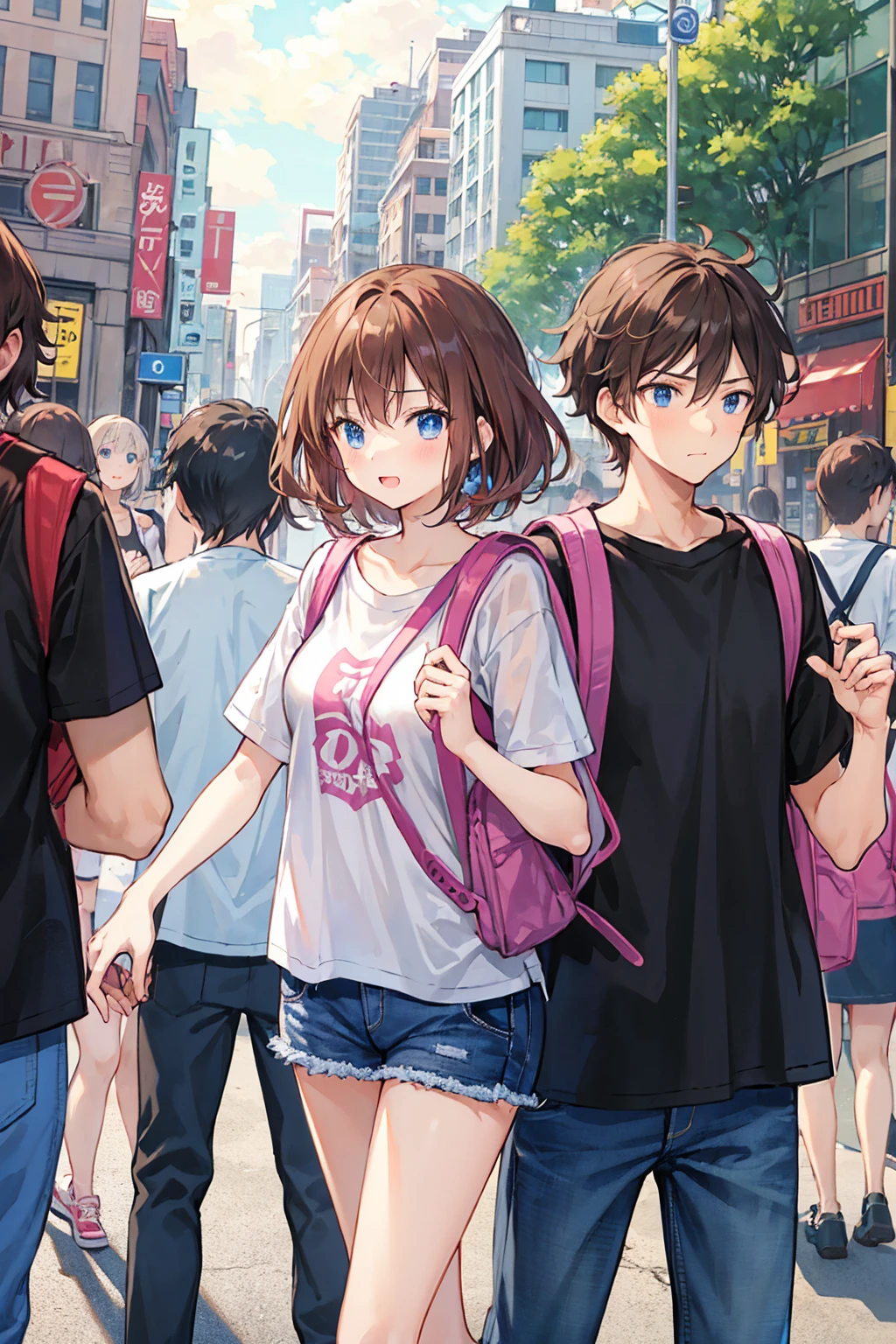 Multiple people in love々、Couple、men and women,Brown Hair,T-shirts are plain,
An anime character is carrying a backpack on a crowded street