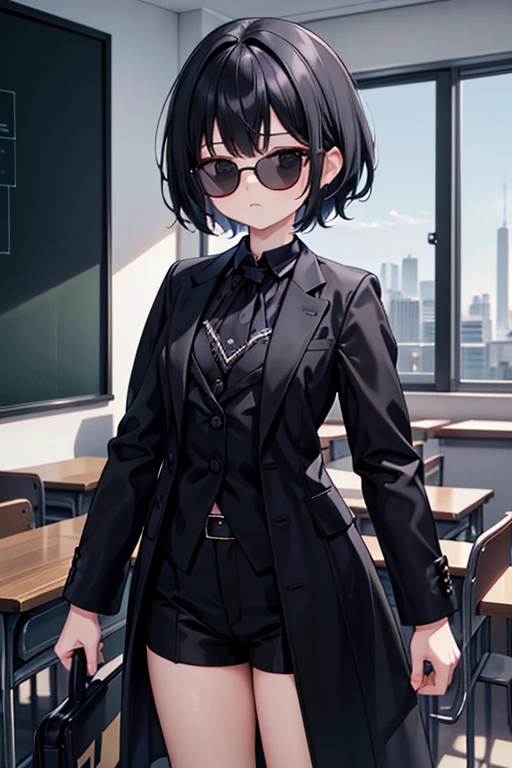 AGENT,black men's suits,black sunglass,masterpiece,best quality,extremely detailed,highres,8k,(small breasts),cute,kawaii,1girl,black hair,10yo,short hair,standing,black eyes,in classroom background,holding_weapon