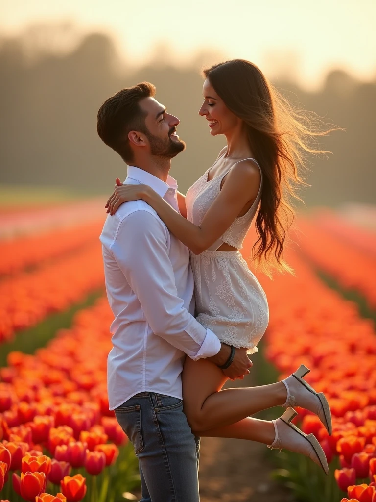 A handsome man lifts a beautiful woman into the air，(((Surrounded by fields of brightly colored tulips)))。Their facial expressions radiate love and joy，Warm and bright colors。Their playful and romantic interaction seems frozen in time.，As if captured through the lens of an old film camera，Look more charming。The bokeh effect highlights the couple，At the same time, it injects a dreamy atmosphere into the scene。This romantic photo is full of charm，Exuding a breath of tranquility。