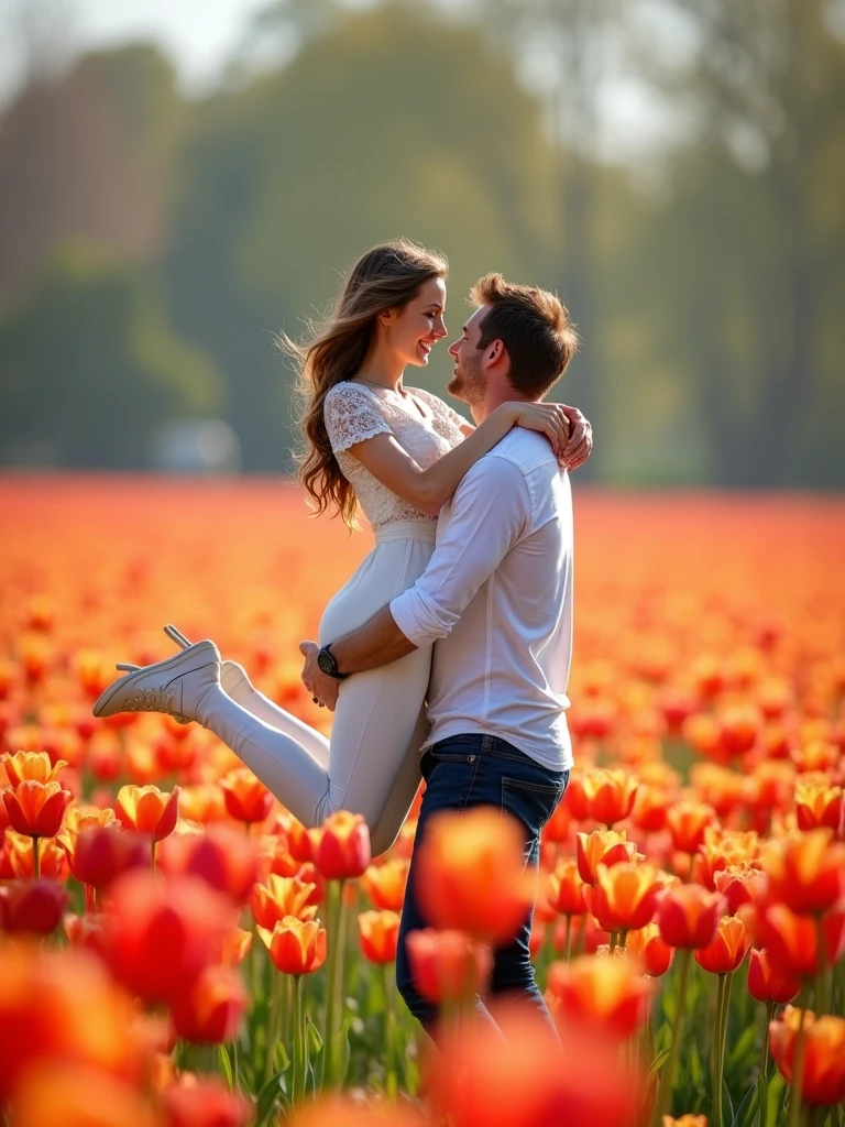 A handsome man lifts a beautiful woman into the air，(((Surrounded by fields of brightly colored tulips)))。Their facial expressions radiate love and joy，Warm and bright colors。Their playful and romantic interaction seems frozen in time.，As if captured through the lens of an old film camera，Look more charming。The bokeh effect highlights the couple，At the same time, it injects a dreamy atmosphere into the scene。This romantic photo is full of charm，Exuding a breath of tranquility。