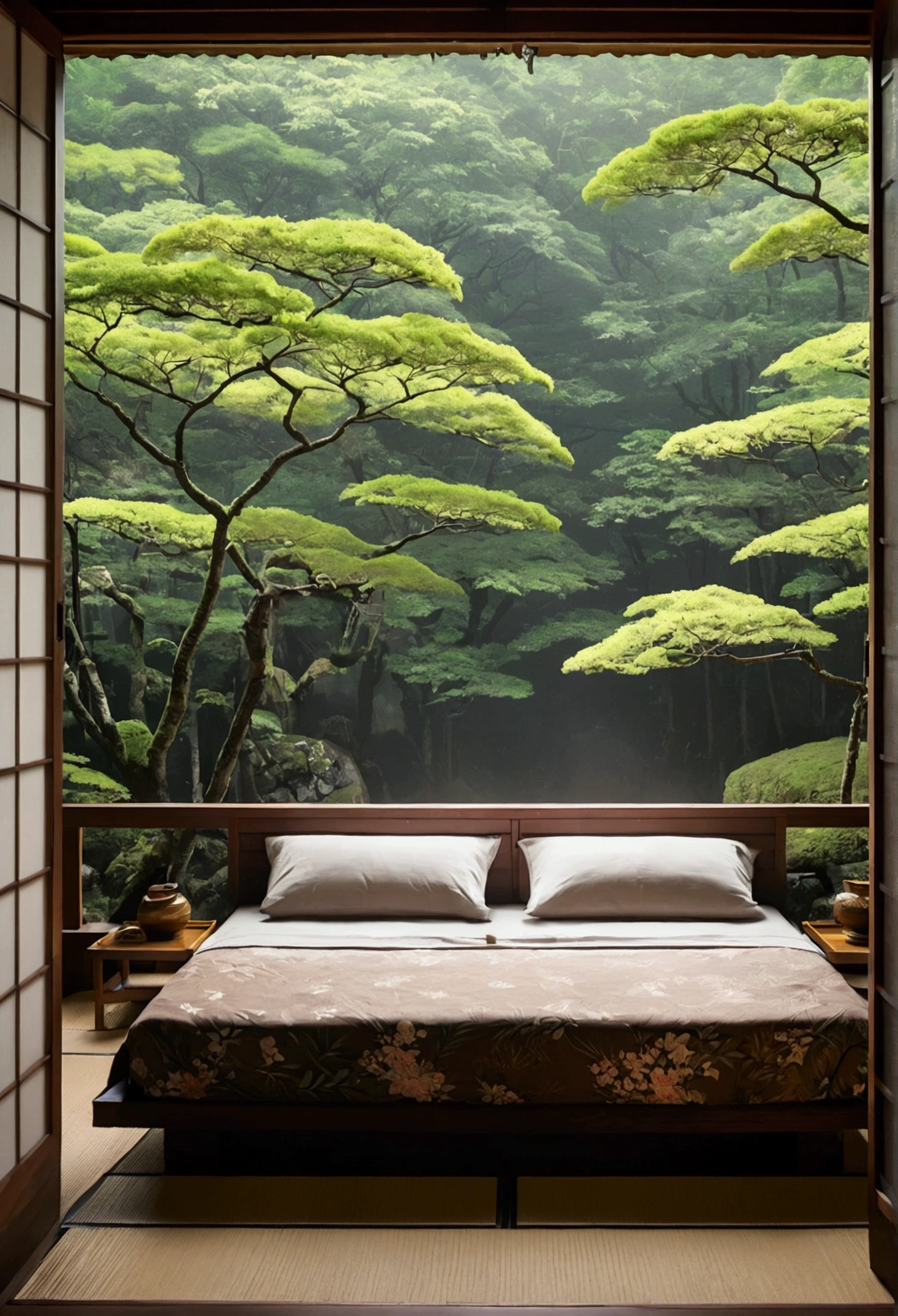 Beyond the bottom bed of the screen,the view outside the door is full of screens, and on the front, a cozy bed is close-up on the side. Outdoor scenery that occupies the entire screen A small wooden table under the bed holds a glowing lamp. The warm light contrasts with the cool colors outside.japan , ultra detailed bedroom, There are pots on the table, adding a little green color. It's an outdoor wooden boat wet, heavy fog, wet, deep forest, Beyond the fully open balcony, you can see traditional Japanese houses through dense leaves. Their silhouettes are gently illuminated by the ambient light. Dark and cloudy skies suggest evening or cloudy days. prodigious amounts of information, realistic, HD, clear, high resolution, ultra wide shot, depth of field, bokeh, cinematic atmosphere., Macro photography, close-up, hyper detailed, trending on artstation, sharp focus, studio photo, intricate details, highly detailed, modern japanese bedroom, rock, dark forest view,