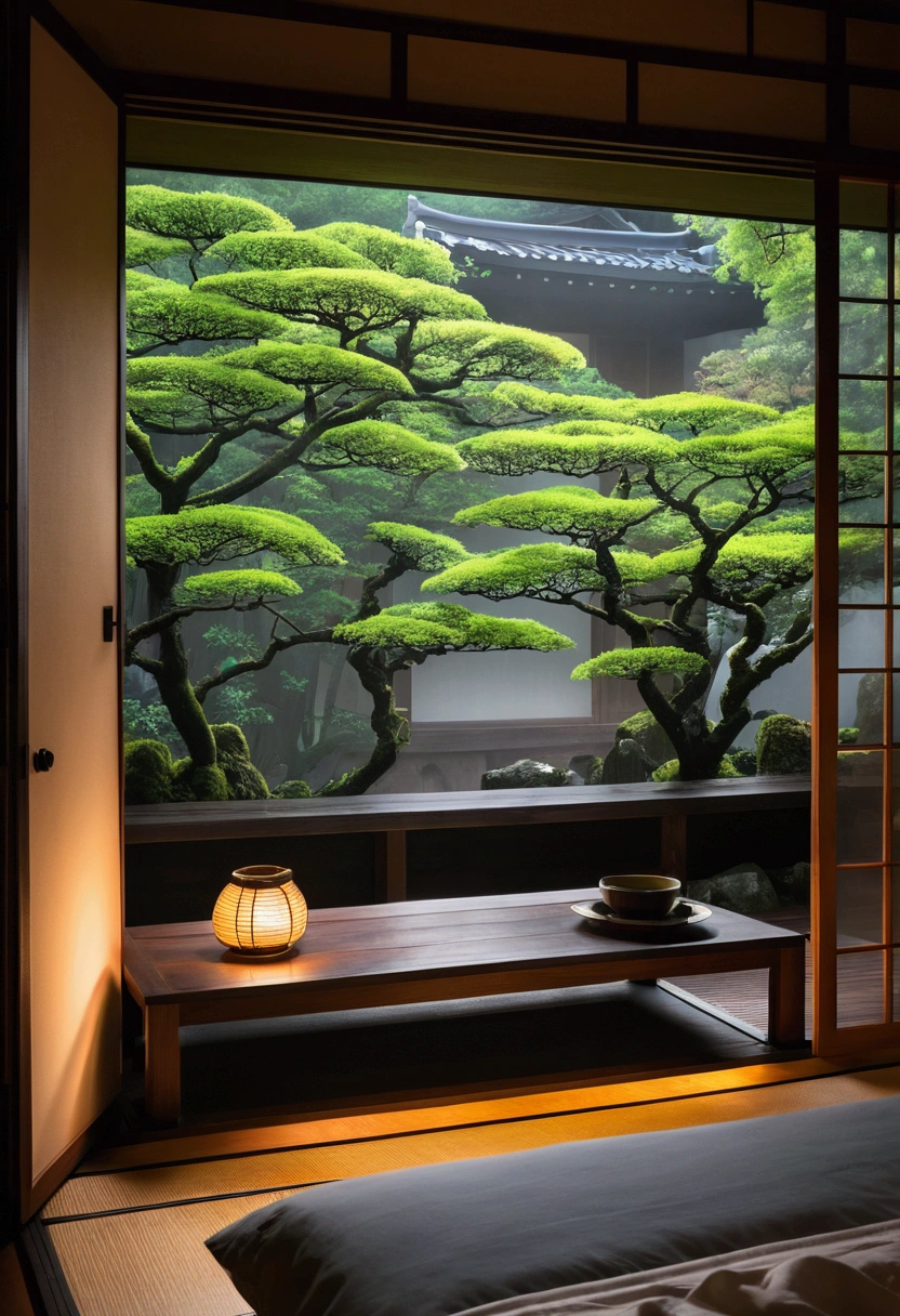 Beyond the bottom bed of the screen,the view outside the door is full of screens, and on the front, a cozy bed is close-up on the side. Outdoor scenery that occupies the entire screen A small wooden table under the bed holds a glowing lamp. The warm light contrasts with the cool colors outside.japan , ultra detailed bedroom, There are pots on the table, adding a little green color. It's an outdoor wooden boat wet, heavy fog, wet, deep forest, Beyond the fully open balcony, you can see traditional Japanese houses through dense leaves. Their silhouettes are gently illuminated by the ambient light. Dark and cloudy skies suggest evening or cloudy days. prodigious amounts of information, realistic, HD, clear, high resolution, ultra wide shot, depth of field, bokeh, cinematic atmosphere., Macro photography, close-up, hyper detailed, trending on artstation, sharp focus, studio photo, intricate details, highly detailed, modern japanese bedroom, rock, dark forest view,