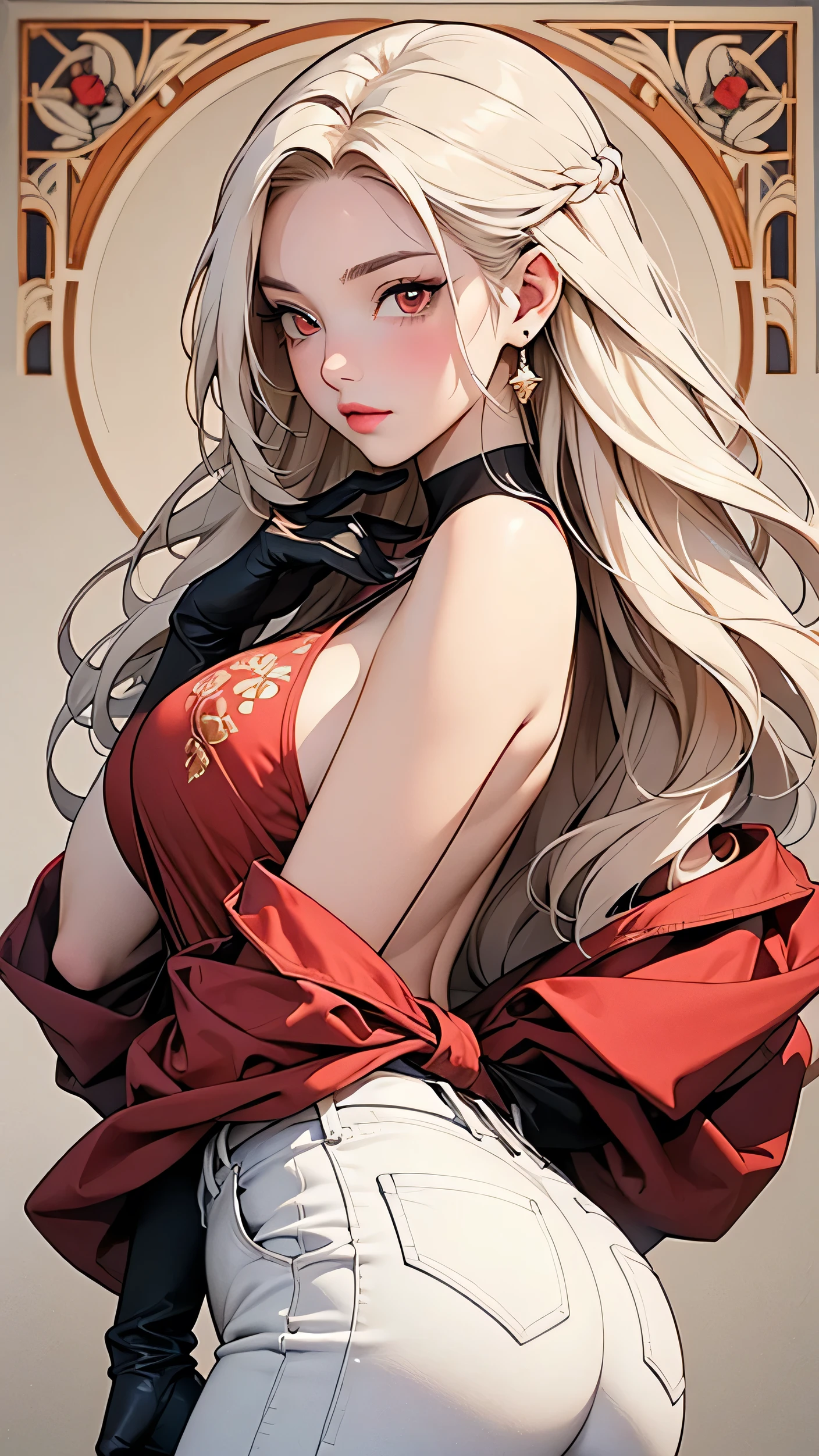 Detailed illustration in anime style. A young woman with long, flowing platinum blonde hair. An intense, seductive expression with piercing red eyes. A slight blush on her cheeks. She wears an elegant, form-fitting white outfit decorated with an intricate golden Art Nouveau pattern. The outfit includes a backless, long-sleeved top and high-waisted pants. Elbow-length black gloves. In her right hand she holds a red dagger, near her waist. Her left hand is relaxed at her side. Her body is posed sideways, looking over her shoulder. With a lustrous butt, her posture is confident and poised. Large red earrings that match her eyes. Overall, the look is fierce and elegant, with a strong emphasis on the intricate details and glittering elements of the garment.Anatomically correct, 