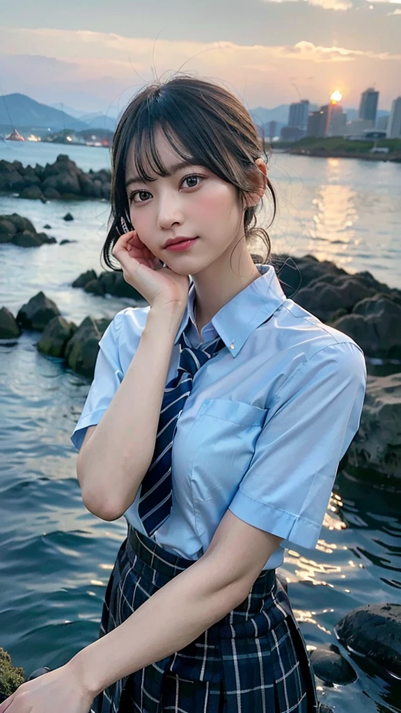 (Realistic, photo-Realistic:1.37), (masterpiece), (Highest quality:1.4), (Ultra-high resolution:1.2),(RAW Photos:1.2), (Sharp focus:1.3), (Face Focus:1.4), Vivid details, hyper Realistic, elegant, Professional attire, In detail, Portraiture, break short hair, (Smile),Young woman standing on a rocky beach at sunset。In the background is a calm sea and a darkening sky.。She has long black hair、Light blue shirt、Striped tie、And she wears a uniform consisting of a checked skirt.。While gently touching her hair with her left hand、He is gazing off to the side in a pensive manner.。I can see the city lights in the distance、The overall atmosphere is quiet and thoughtful.。