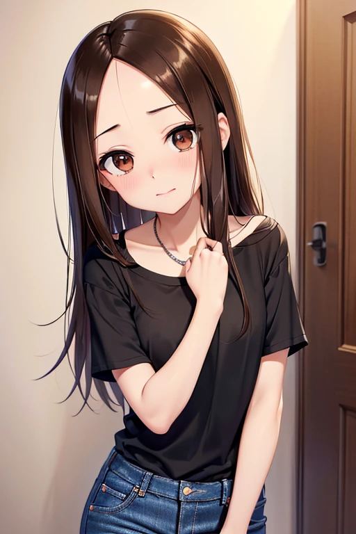 Takagi-san、Shiny brown hair, Straight Long Hair,((Medium chest、Forehead、Center part))、 Beautiful brown eyes、smile、Sparkling eyes, (fine grain)、Very fine eye、Highly detailed face, Highly detailed eyes, Cowboy Shot、


(masterpiece:1.3)、Very nice finish、(High resolution、8k:1.3)、(Highest quality)、
Sharp focus, 超High resolutionの顔、The face is in focus、Ultra high definition and beautiful eyes、Eyes are symmetrical:1.3、High quality and beautiful skin、Firm Skin、Face close-up、22 years old、(T-Shirts、jeans:1.3)、(expose your shoulders:1.1)、very cute、very cute、Natural Makeup, Glossy Lips、Observe the audience、、(Strange Expressions), Anxious expression、blush:1.3, Embarrassing:1.3、Thin Necklace、Looking into the camera:1.2
