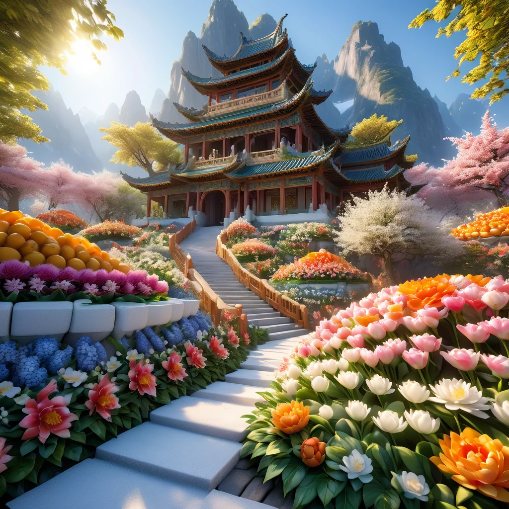 Best quality, 4k, 8 K,a high resolution,,Best quality, realism, фотоrealism, ultra-detailed, "Mountain of flowers and fruits+faery+chinese architecture" highly detailed porcelain carving "southern ice",ultra wide angle,Accent lighting,Volumetric lighting,Backlight, (detailed light),( (extremely delicate and beautiful)),dramatic_shadow,ray_tracing,hdr Информация