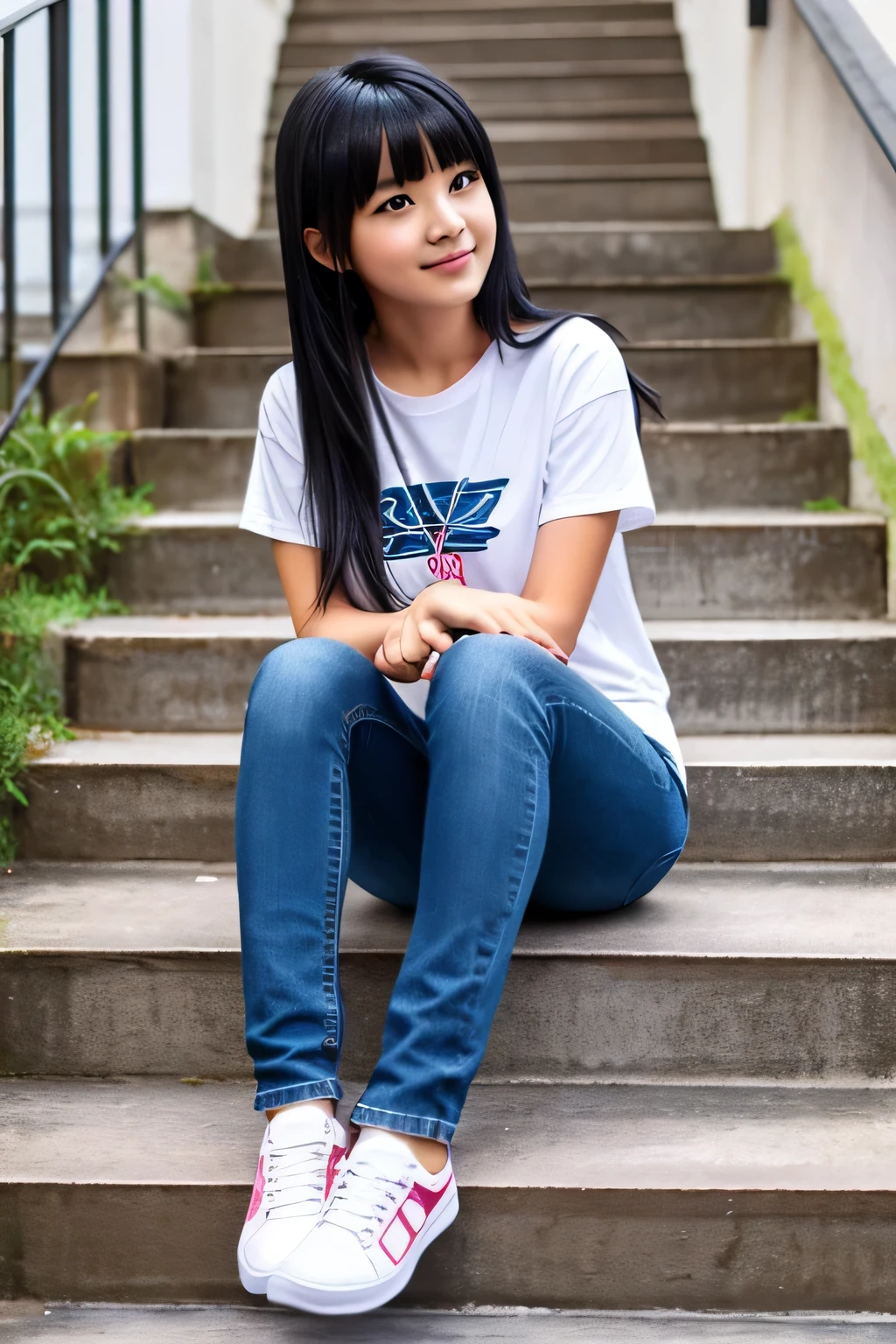 1girl, 、Black Hair、 Best Quality, Full Body, Cute Shirt, Jeans, sneakers、Sit on the stairs