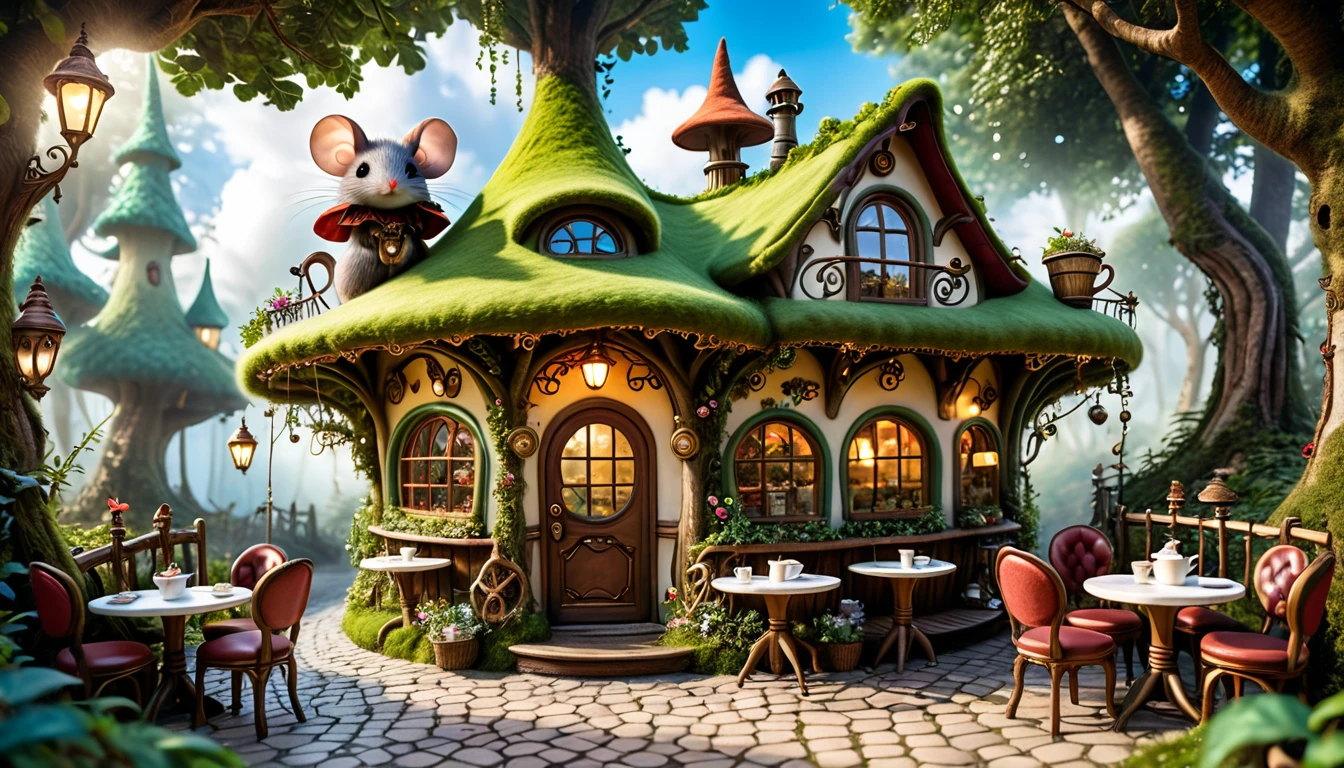 there is a small cafe with a cup of coffee on the table, in a whimsical fairytale forest, enchanted magical fantasy forest, coffee shop, steampunk forest, faery palace, magical fantasy forest, fairy tale place, cafe for mice, cafe in the clouds, cafe for felted animals, fairy forest, enchanted and magic forest, enchanted forest, an enchanted forest