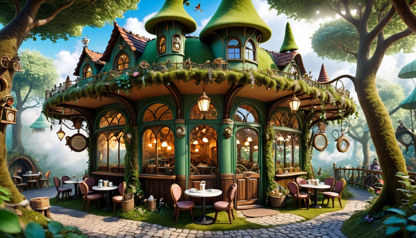 there is a small cafe with a cup of coffee on the table, in a whimsical fairytale forest, enchanted magical fantasy forest, coffee shop, steampunk forest, faery palace, magical fantasy forest, fairy tale place, cafe for mice, cafe in the clouds, cafe for felted animals, fairy forest, enchanted and magic forest, enchanted forest, an enchanted forest