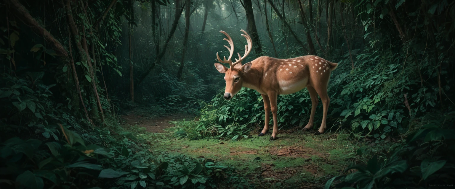nature shot with wide shot of a dark jungle scene,face of a baby golden-deer hiding between the bushes,hunting,nightfall,dimmly lit,intense gaze,tension,perfect composition,masterpiece,best quality,Outdoors,greenery,natural light,fresh,vivid contrast,vivid color,Hyperrealistic art cinematic film still photography in the style of detailed hyperrealism photoshoot,