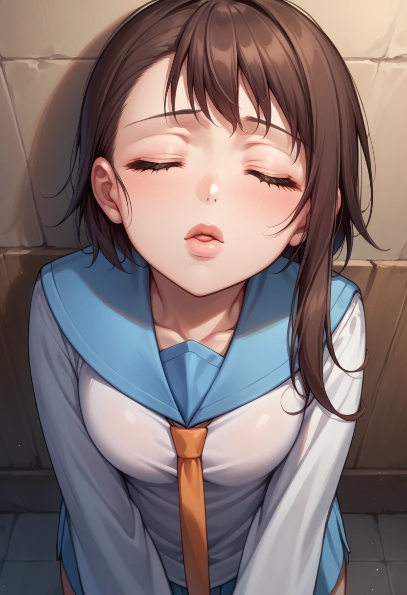 score_9, score_8_up, score_7_up, pov, from above, close up, incoming kiss, 1girl,  source_anime,  BREAK OnoderaKosaki, school uniform, serafuku, blue sailor collar, white shirt, long sleeves, closed eyes, imminent kiss, puckered lips, leaning forward, head back