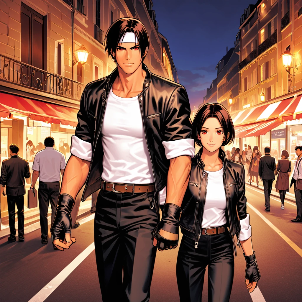 Orochikyo、Dark Skin、2 people、Red eyes、Black jacket（Rolled up sleeves）、Fingerless gloves、Black Hair、White T-shirt、（（White headband））、Black pants、White shoes、Brown belt、good looking、shot、Charm、masterpiece、High resolution、Detailed face、Fine grain、night、Sky、A confident smile、Lover and the Promenade des Anglais、Walking around the city、Stretch with both hands、Yawning men and women、France