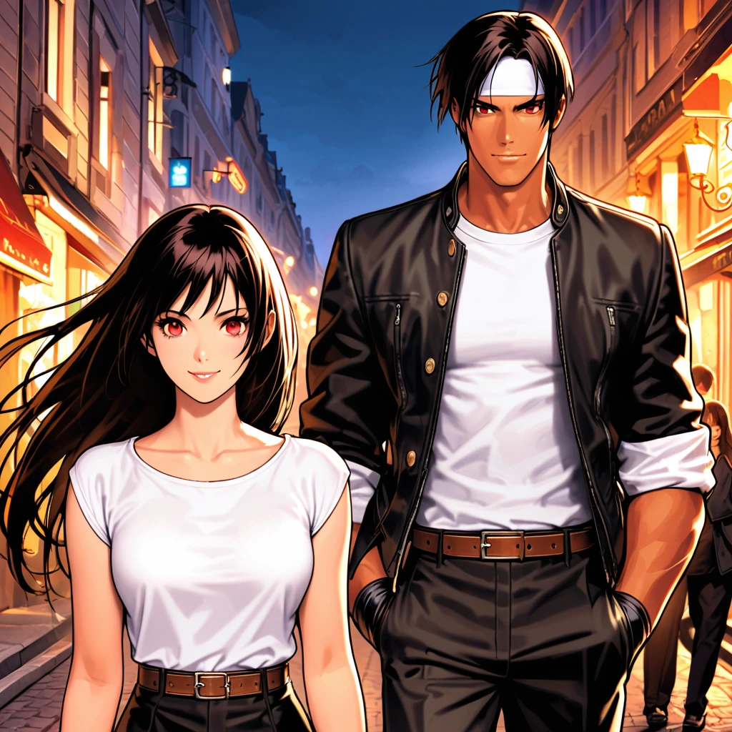 Orochikyo、Dark Skin、2 people、Red eyes、Black jacket(Rolled up sleeves)、Fingerless gloves、Black Hair、White T-shirt、((White headband))、Black pants、White shoes、Brown belt、good looking、shot、Charm、masterpiece、High resolution、Detailed face、Fine grain、night、Sky、A confident smile、Lover and the Promenade des Anglais、Walking around the city、Stretch with both hands、Yawning men and women、France