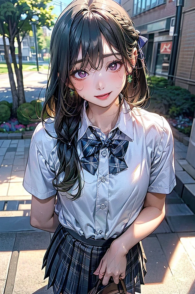 (masterpiece:1.3, Highest quality, Ultra-high resolution, Super detailed), (Realistic, photoRealistic:1.4), Beautiful illustrations, Perfect lighting, Natural light, colorful, Depth of written boundary, Surrealism, Beautiful detailed hair, Beautifully detailed face, Beautiful attention to detail, Beautiful clavicle, Beautiful body, Beautiful breasts, Beautiful thighs, Beautiful feet, Beautiful fingers, Glowing Skin, View your viewers, 1 girl, Japanese, high school girl, (Perfect Anatomy, Anatomically correct, Highly detailed skin), Cute and symmetrical face, Baby Face, Perfect Face, Perfect Eyes, Perfect Fingers, (Mid-length hair:1.6, Straight hair:1.2, Long Side Lock, Green Hair), Braided bangs, Purple eyes, Big eyes, Long eyelashes, (Medium chest, Captivating thighs), thin, Excellent style, ((Detailed cloth texture, break, break, White collared shirt, break, Grey plaid pleated skirt, break, Dark blue bow tie), break, Navy Blue School Socks, Black Loafers), (Beautiful views), (School entrance), elegant, (Cute smile, Small with open mouth), ((Green dyed hair))