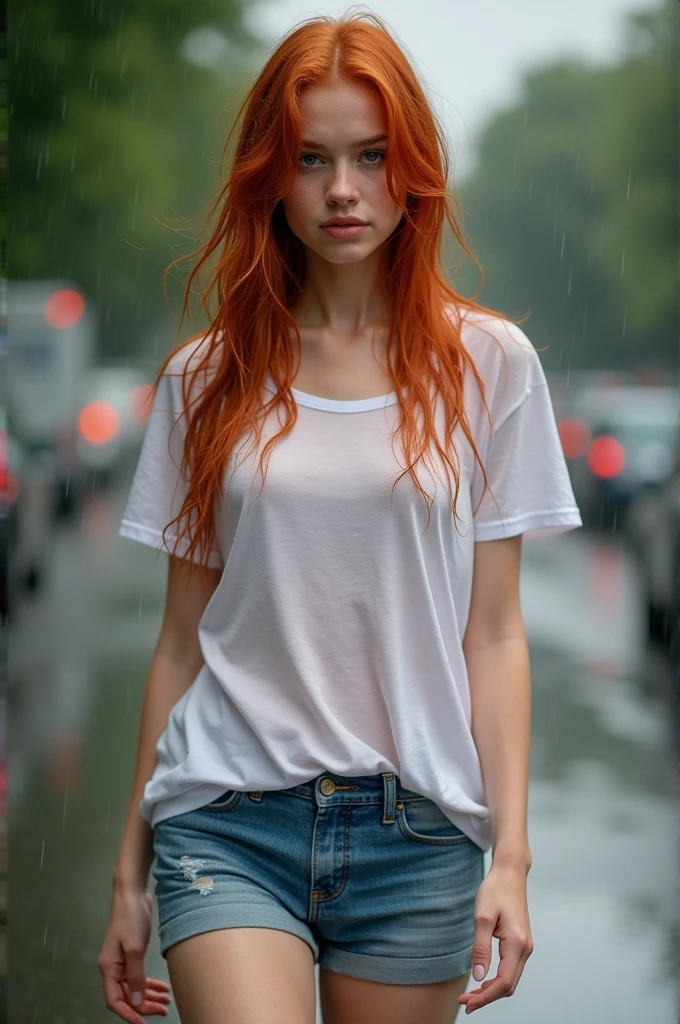 ultra realistic, photography, long red hair, girl, 24 years old, hourglass figure, perfect body, natural medium breasts, Flirty look, blur background, walking in the rain in the street, thin white see through plain tshirt, jean shorts, sneakers, walking towards the camera, wet skin, wet clothes, wet hair, messy hair, soaking wet