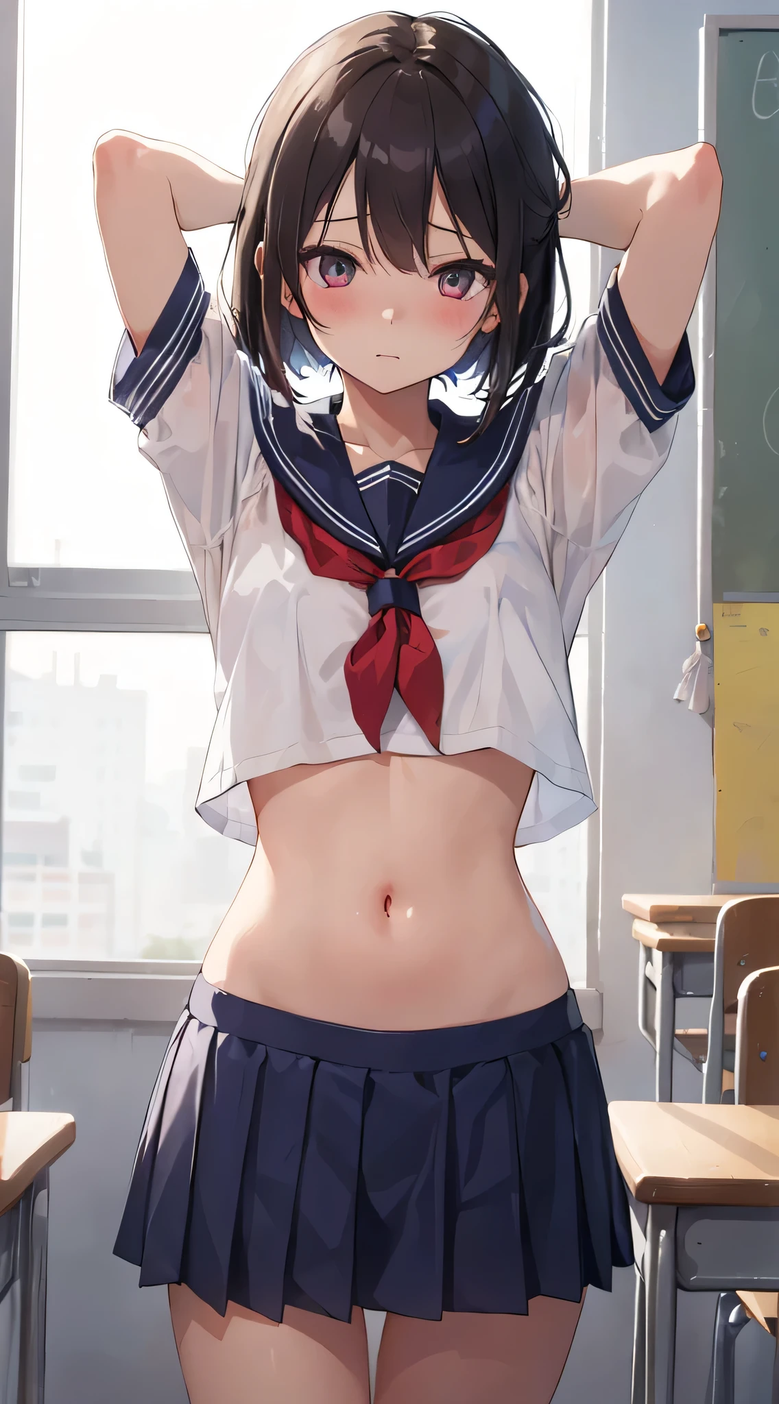 nsfw,alone, (One girl), single, , ((White panties)), (wearing only the top half of sailor school uniform), Sailor with un-folded hems, sexy, (Cowboy Shot), ((Put your arms behind your head)), classroom, With a girl:Her hair is long and black, Her face is round and cute。It's below the knee。The shoes are black loafers。The girl had a surprised look on her face, Joy and emotion.、With eyes wide open, Open your mouth, Tears were reddening her cheeks, The cheeks and hands are drawn large., Black Hair, Low twin tails, (Are standing),(Shy, Embarrassing),