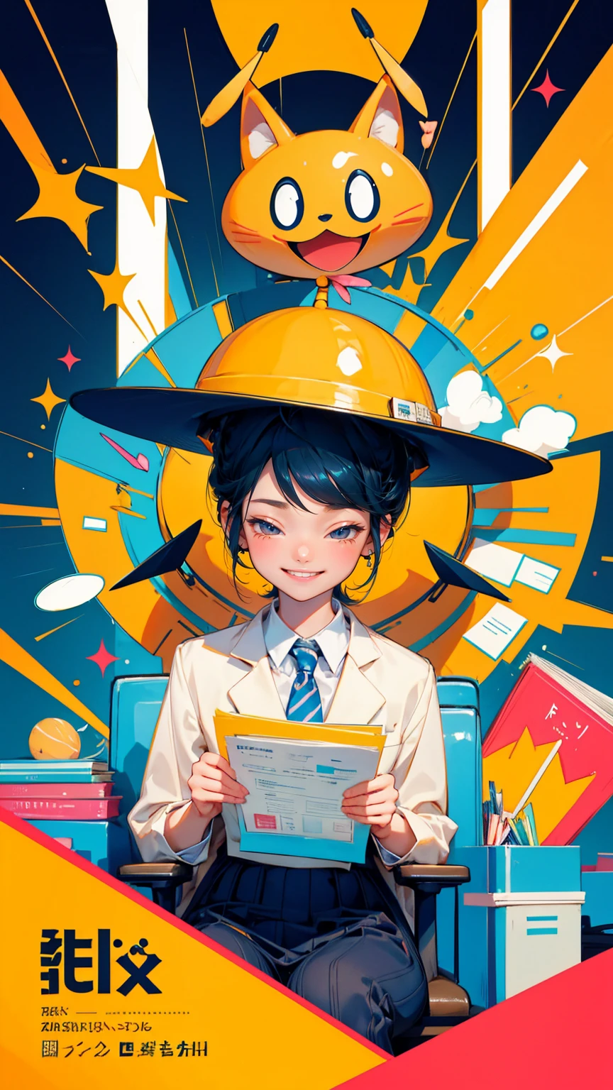 A lively and cheerful scene featuring a cartoonish character with antennae and a big smile, standing in an office setting. The character is dressed in a suit and tie, holding a clipboard with a document that reads 'EADILY PASSED A SCREENING PROCESS.' The office background includes other characters seated at tables, engaging in document review activities, with a 'DOCUMENT REVIEW' sign prominently displayed. Replace the cartoonish character with a beautiful, cute girl while maintaining the same lively, cheerful style and vibrant expressions. Ensure the new character has similarly styled hair and clothing to fit seamlessly into the scene. The background, office setting, and overall color scheme should remain exactly the same, preserving the energetic and professional feel of the image