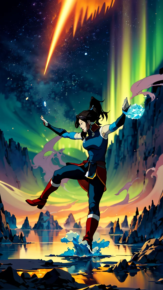 Artistic depiction of Korra, the protagonist from "Avatar: The Legend of Korra". She is a strong and confident young woman with striking blue eyes and dark brown hair tied back in a ponytail. Korra is wearing her traditional Water Tribe attire, featuring a blue sleeveless tunic, fur-lined boots, and arm guards. Her muscular physique is well-defined, showcasing her strength and athleticism. She stands in a dynamic pose, highlighting her mastery over the elements. Surround her with swirling elements of water, earth, fire, and air, each depicted with intricate textures and vibrant colors. A determined and focused expression, conveying her strength and leadership qualities. An ethereal landscape with a blend of icy tundra and lush forest, reflecting her Water Tribe heritage and connection to nature. Misty and mystical, with soft, diffused lighting that adds depth and a sense of magic to the scene. Dramatic and cinematic lighting, with high contrast between light and shadow. A subtle aurora borealis in the sky, casting a soft, colorful glow over the scene. Emphasize the texture of her clothing and the fluidity of the elements. Cool blues and greens, accented with warm oranges and reds for the fire element, creating a harmonious balance. A fusion of realism and fantasy, with a painterly touch that highlights the dynamic movement and energy of the scene.