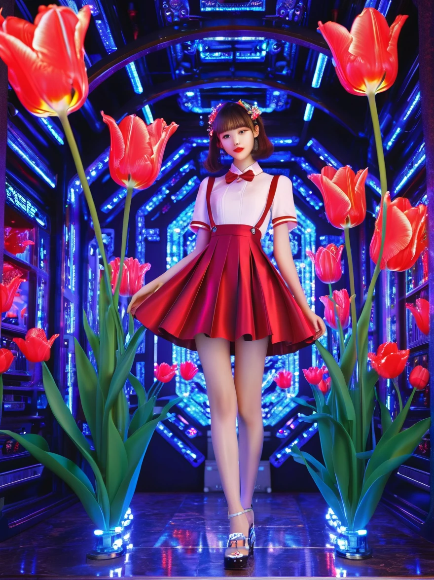 (3D，Mechanical feel，cute，ais-scrapyrd 1girl，Mechanical tulip)，(使用广角镜头拍摄whole body图像:1.9)，(masterpiece:1.1)，(Highest quality:1.1)，(HDR:1.0)，Ambient Light，Ultra high quality，(Ultra-detailed original illustrations)，(1 Girl，whole body)，(Rainbow Skirt)，(Slender thighs)，(Shoes made from tulip flowers: 1.5)，((Harajuku Fashion))，((Tulip flower with human eyes，Eye disease))，Double Exposure，Fusion of Fluid Abstract Art，Fault，(Original illustration composition)，(Limited color blending，Extreme art style，Geometric artstyle), , Colorful neon lights，High-tech mechanical parts，Metal body，Detailed Vibranium Flower Design，Vibrant colors，Dynamic glowing flowers，Reflective metal surface，Bright environment，Dynamic poses，Exquisite existence，Skills Improvement，Interlocking mechanical gears，Stylish design，motion blur effect，Detailed metal treatment，Sci-fi atmosphere，Streamlined aerodynamic shape，Laser scanning pattern，Holographic projection，LED light track，Beautiful and unforgettable，Advanced sensors，Complex algorithms，Ominous and mysterious atmosphere，Electric Spark，Shiny chrome，Propulsion systems of the future，(Best quality，8k，high resolution，masterpiece:1.2)，Super detailed，(whole body:1.8), magazine photography，一个cute的女孩形象，Popular on social platforms，((Dopamineism))，(((Dopamine color matching)))，Dopamine，(in the style of Y2K)，Luo Erchun，3D古风，Oriental poetry and painting